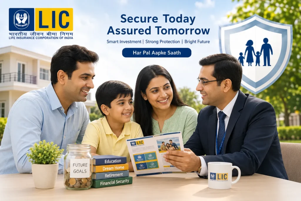 Happy Indian family discussing LIC investment and insurance solutions
